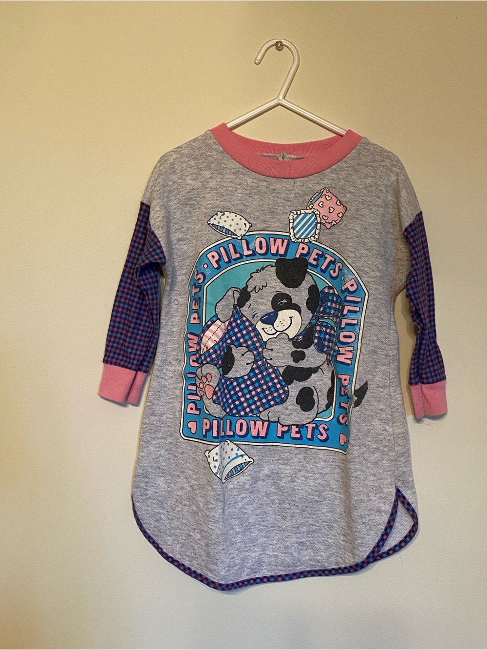 Vintage Girls Pillow Pets Gray Nightgown with Pink Trim and Plaid Sleeves